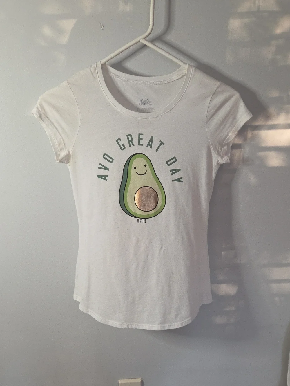Justice White Tee with Green Avocado Graphic